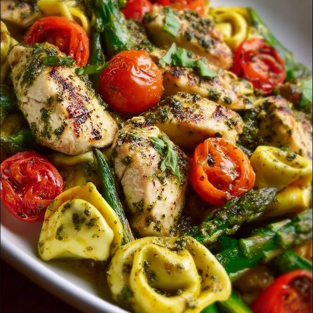 Pesto Chicken with Tortellini and mixed vegetables on a plate