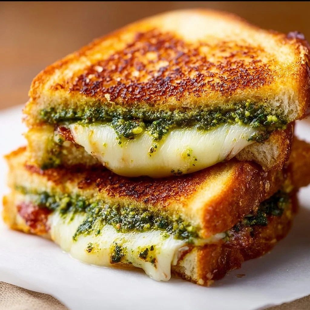 A delicious pesto grilled cheese sandwich with melted cheese and fresh basil.