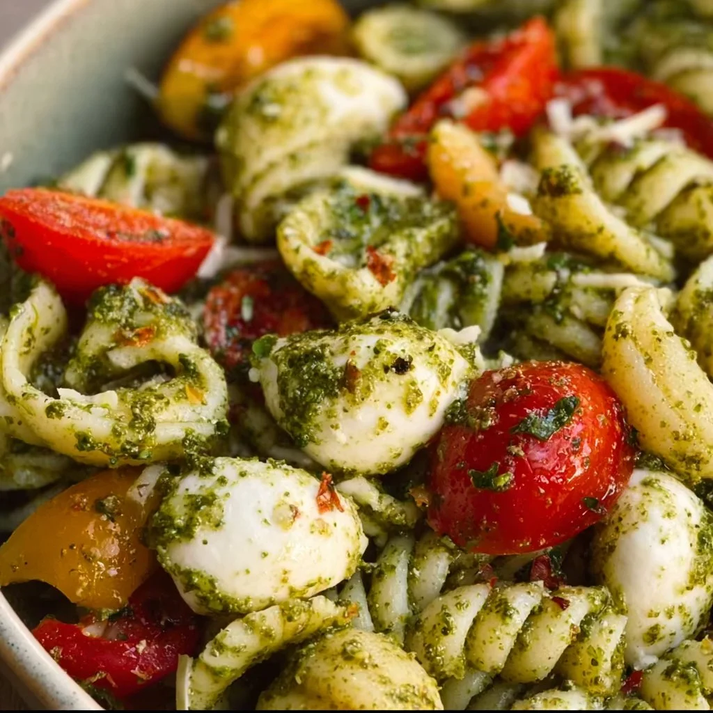 PESTO PASTA SALAD with TOMATOES & MOZZARELLA!😍