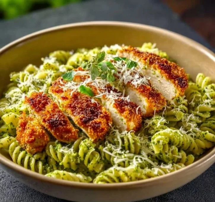 Delicious pesto pasta with crispy Parmesan chicken on a white plate