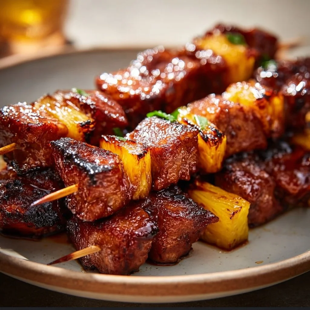 Pineapple BBQ pork skewers grilling on a barbecue, showcasing delicious marinated pork and fresh pineapple.