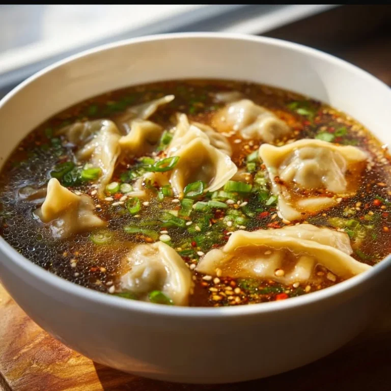 Bowl of steaming potsticker soup with dumplings and vegetables