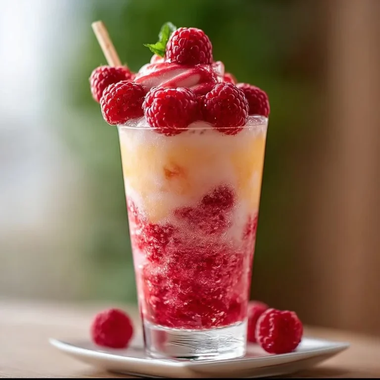A delicious Raspberry Colada Twist cocktail garnished with fresh raspberries and coconut.