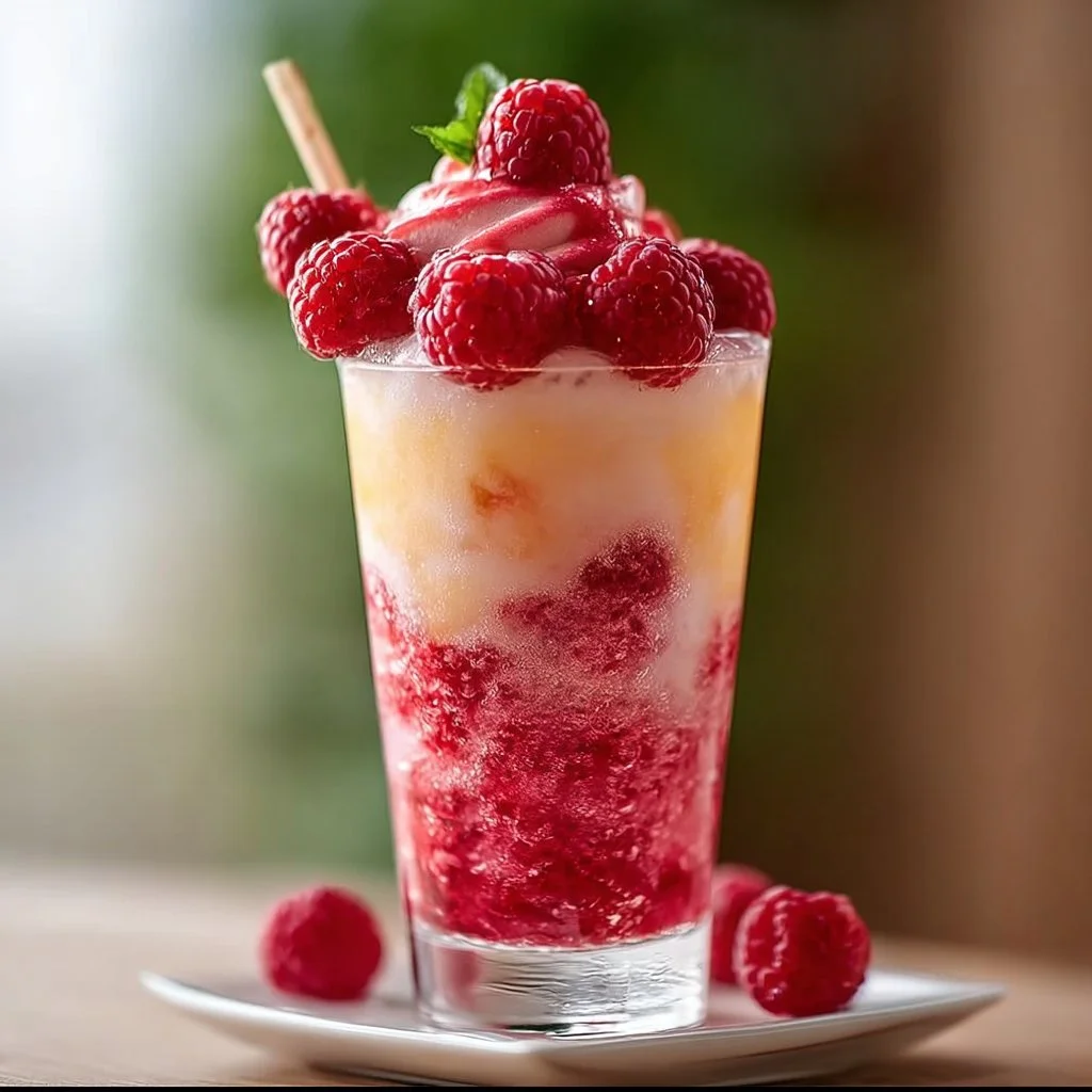 A delicious Raspberry Colada Twist cocktail garnished with fresh raspberries and coconut.