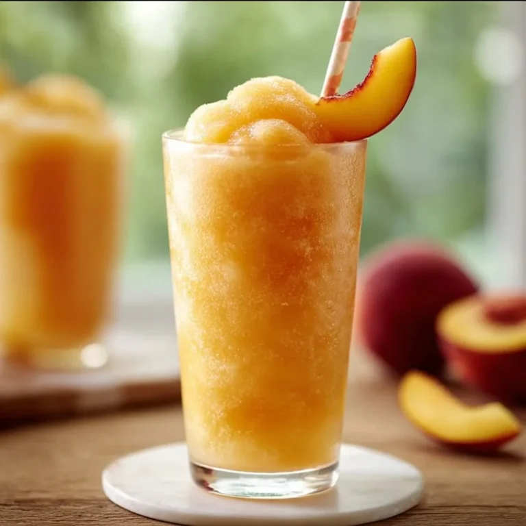Refreshing homemade peach slurpees in a glass with ice and fresh peaches