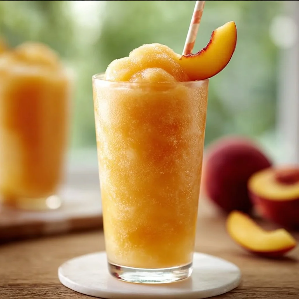 Refreshing homemade peach slurpees in a glass with ice and fresh peaches