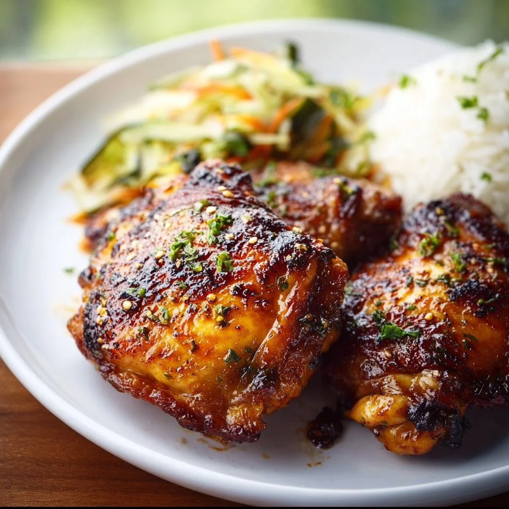 Roasted miso chicken thighs garnished with herbs on a plate.