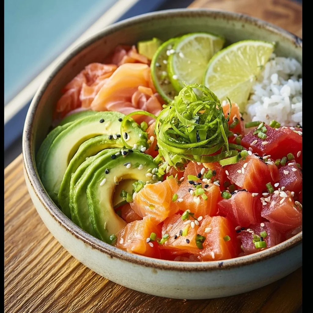 Salmon and avocado poke bowl garnished with fresh vegetables and sesame seeds