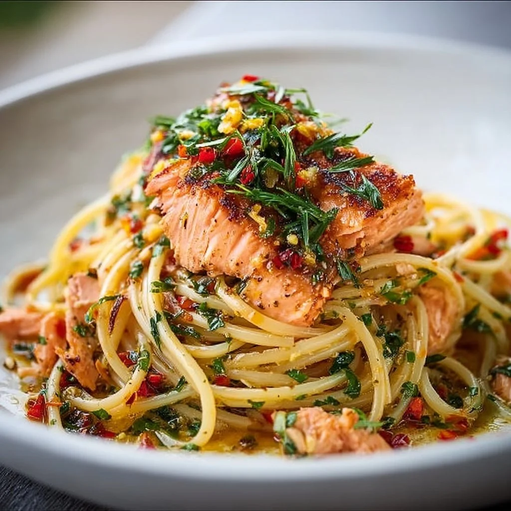 Plate of Salmon Linguine with Chilli Oil garnished with herbs