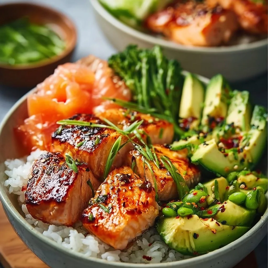 A colorful salmon rice bowl topped with fresh vegetables and garnished with sesame seeds.