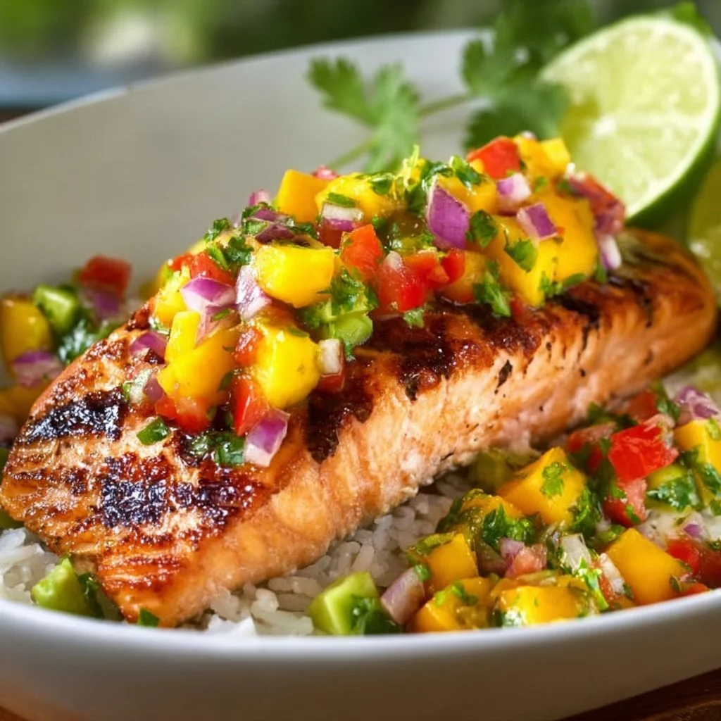 Delicious salmon fillet topped with vibrant mango salsa on a plate