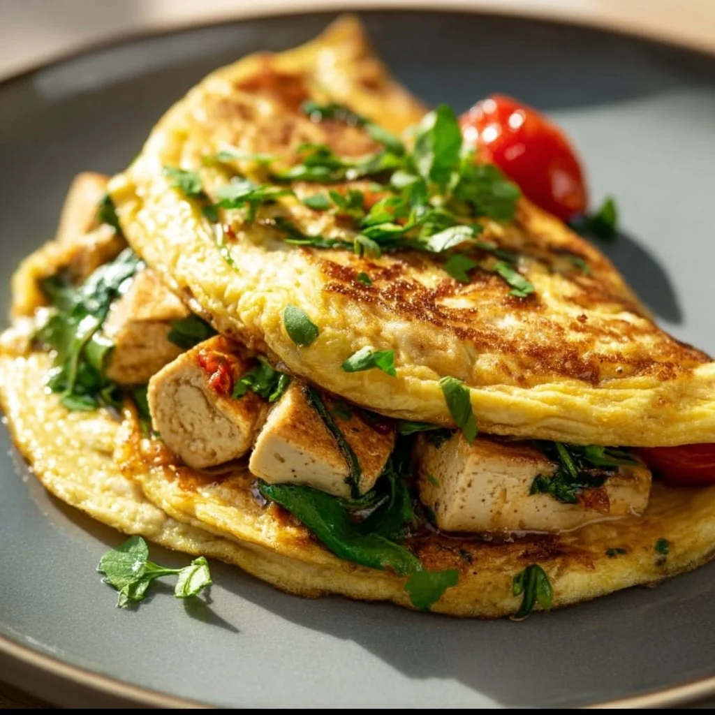 Savory vegan tofu omelette topped with vegetables and herbs