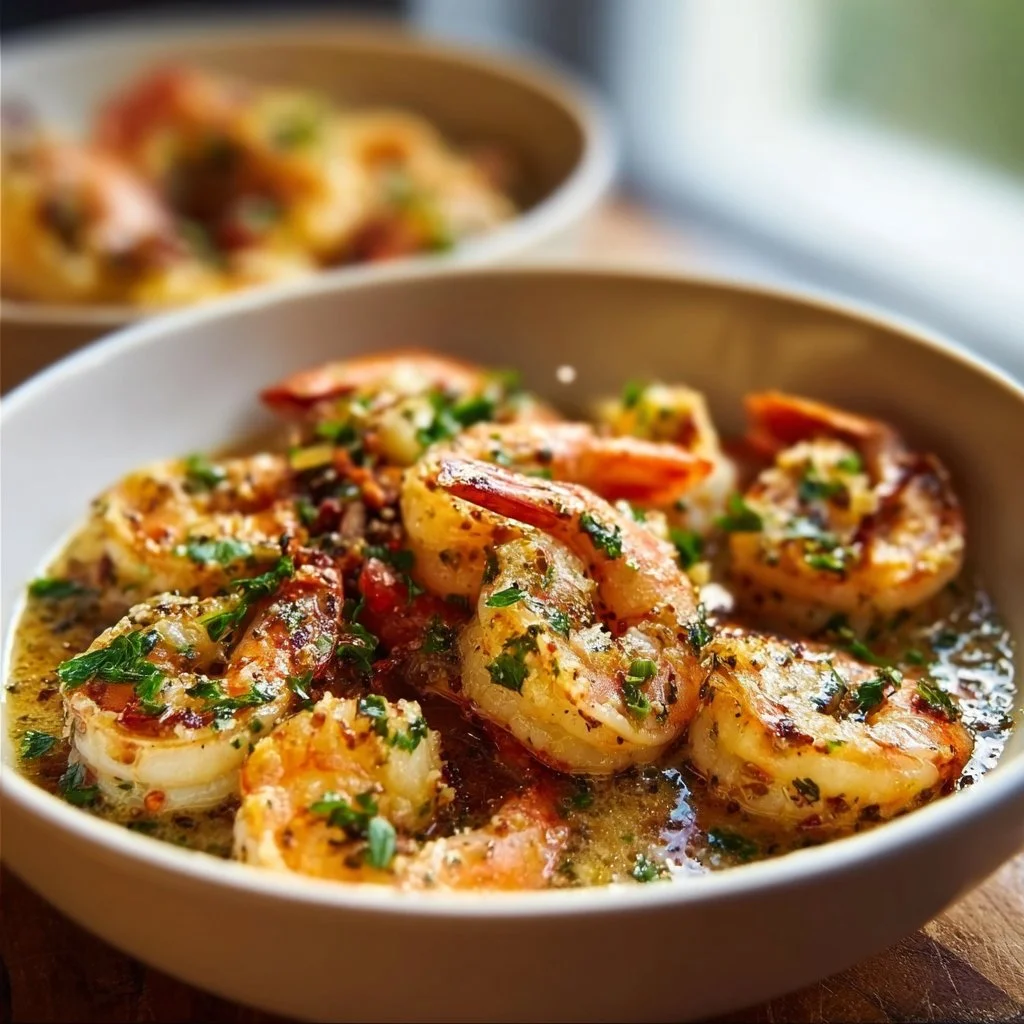 Delicious shrimp scampi bowls topped with garlic and herbs