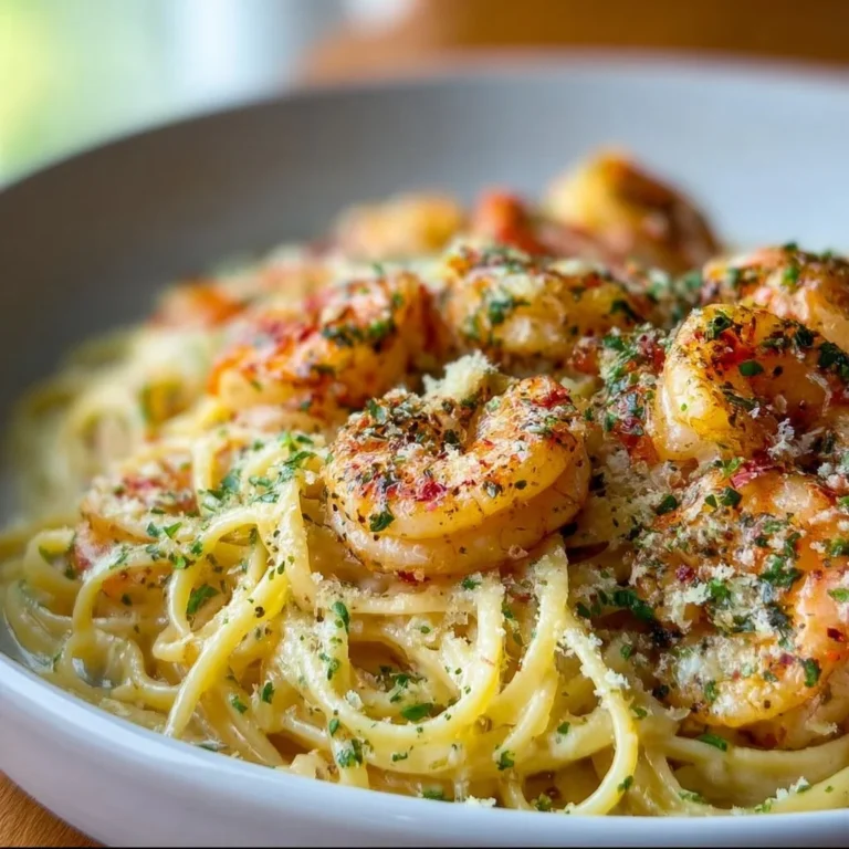 Shrimp scampi garlic cream pasta served in a bowl with herbs and parmesan.