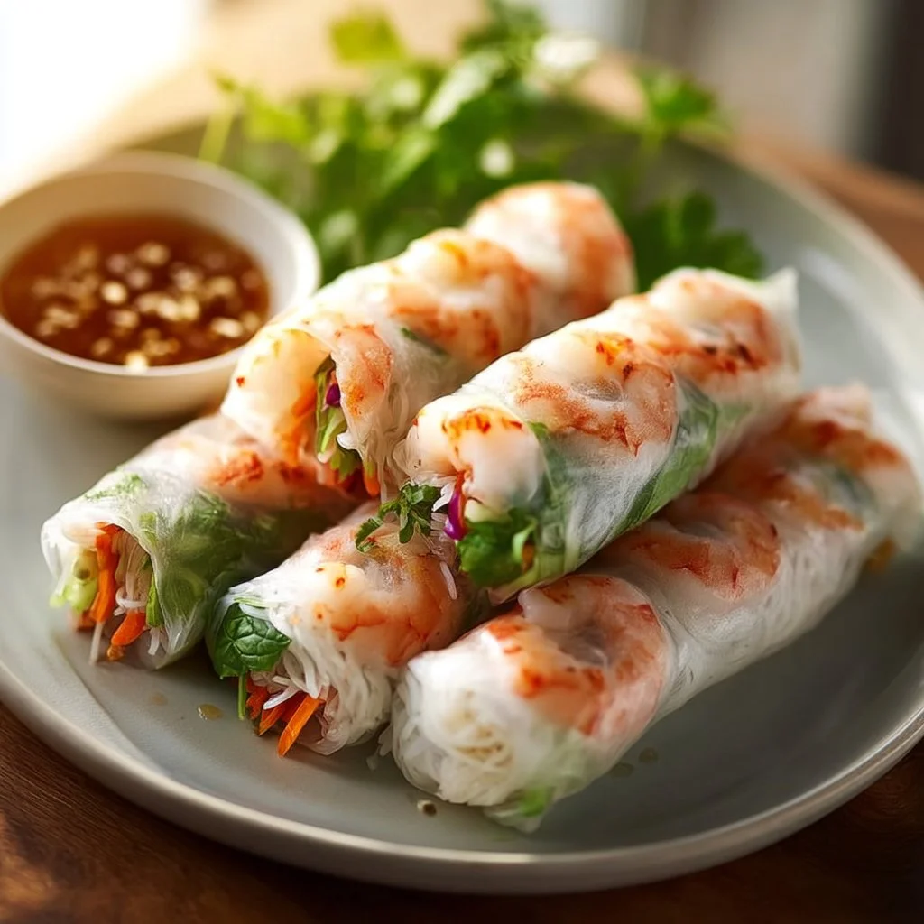 Delicious shrimp spring rolls served with dipping sauce on a plate