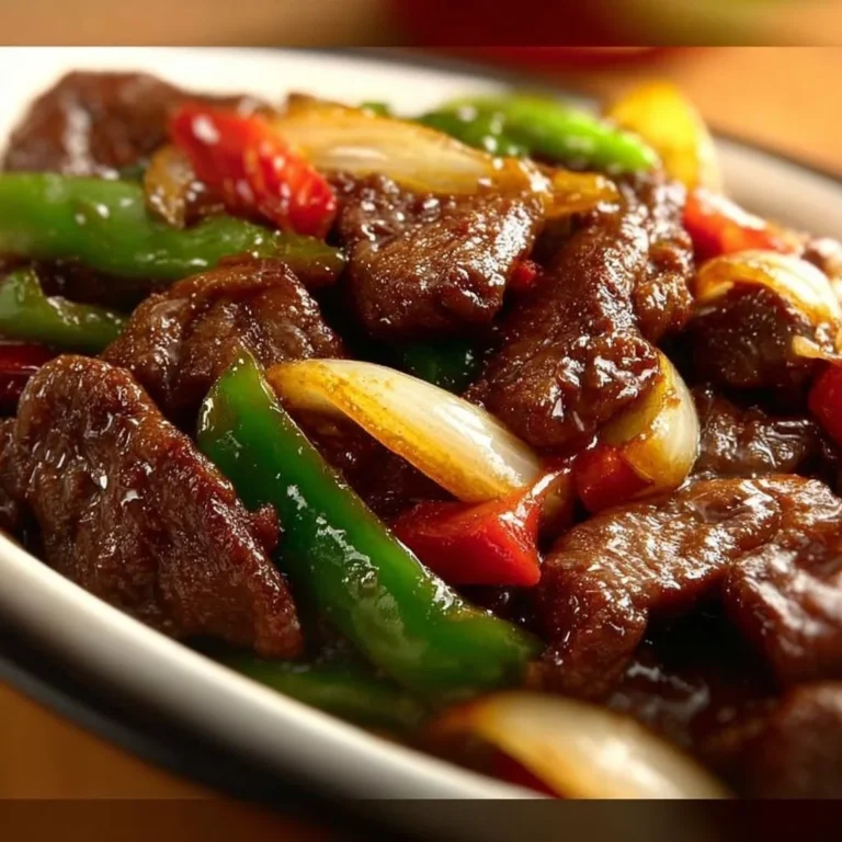 Sizzling Chinese pepper steak dish with onions served on a plate.