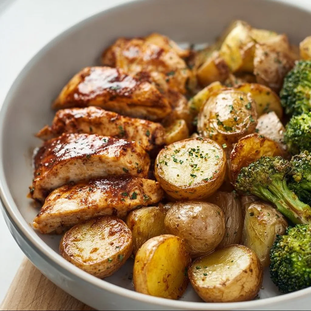 Skinny chicken bowl with roasted potatoes and fresh vegetables