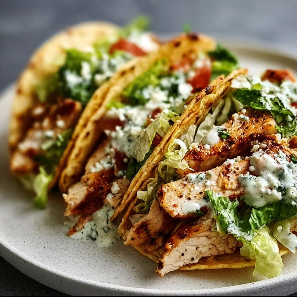 Delicious Smash Chicken Caesar Tacos served with fresh toppings