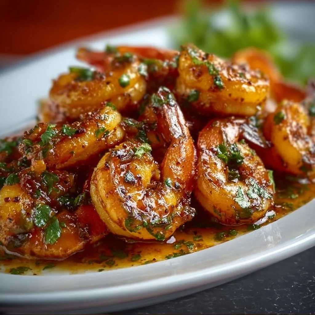 Delicious Spicy Voodoo Shrimp served with a zesty sauce and garnished