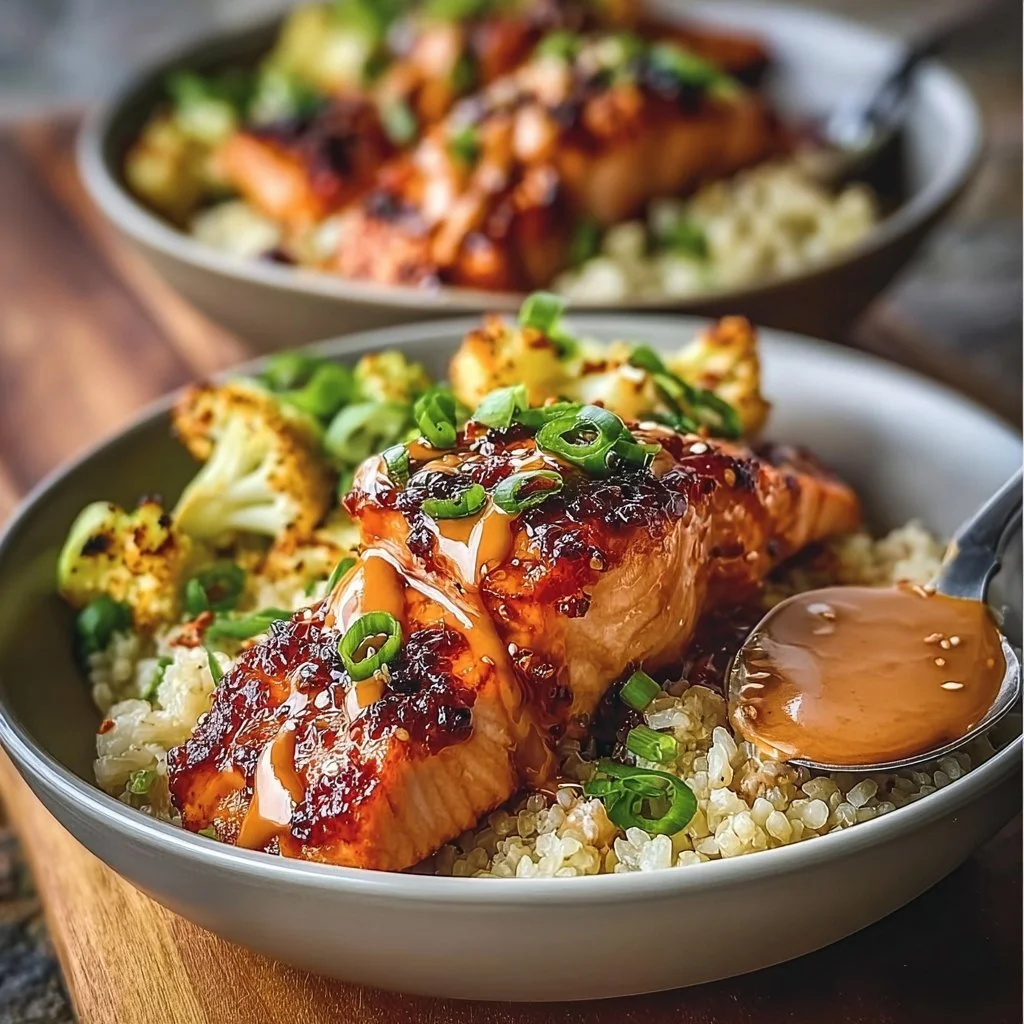 Sriracha Honey Salmon Bowl with colorful vegetables and rice