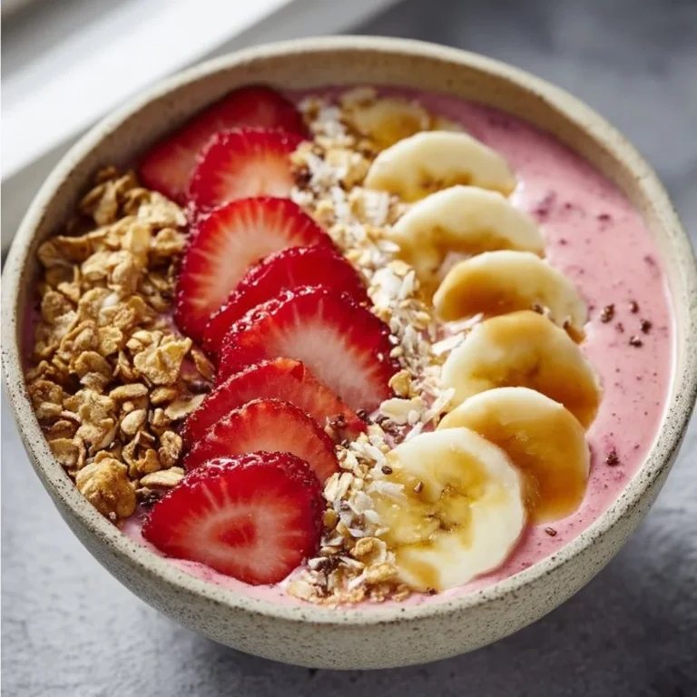 Delicious strawberry banana smoothie bowl topped with fresh fruits and seeds