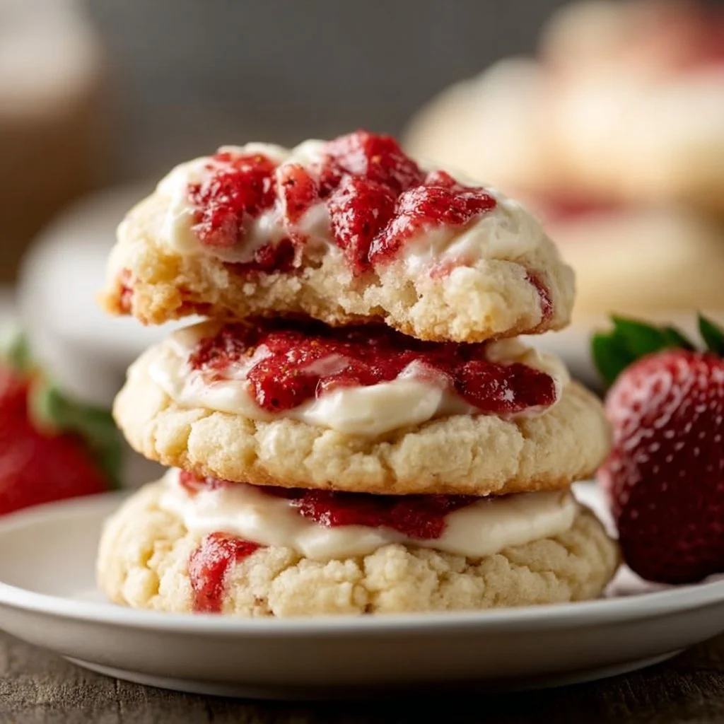 Delicious strawberry cheesecake cookies with fresh strawberries and creamy filling