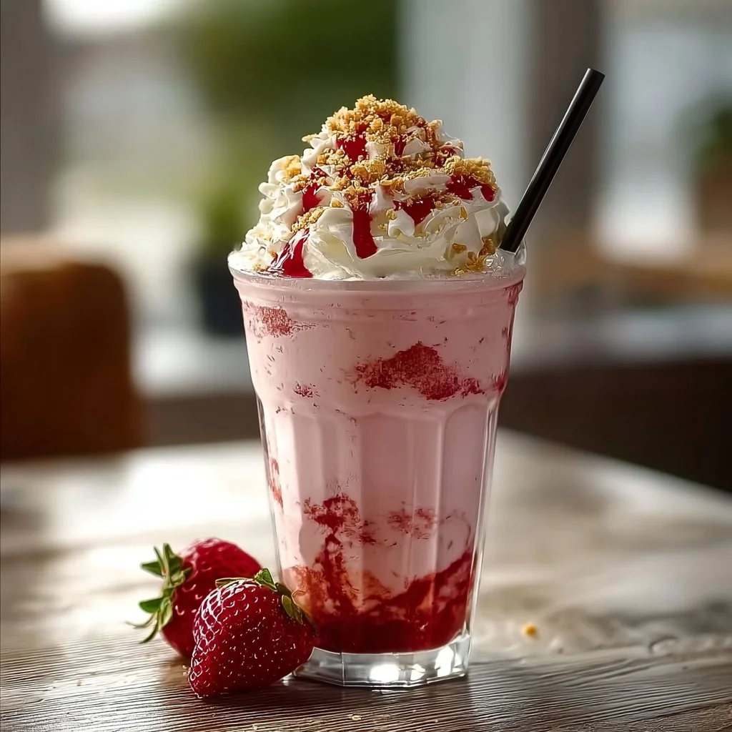 Delicious Strawberry Cheesecake Frappuccino topped with whipped cream and strawberries