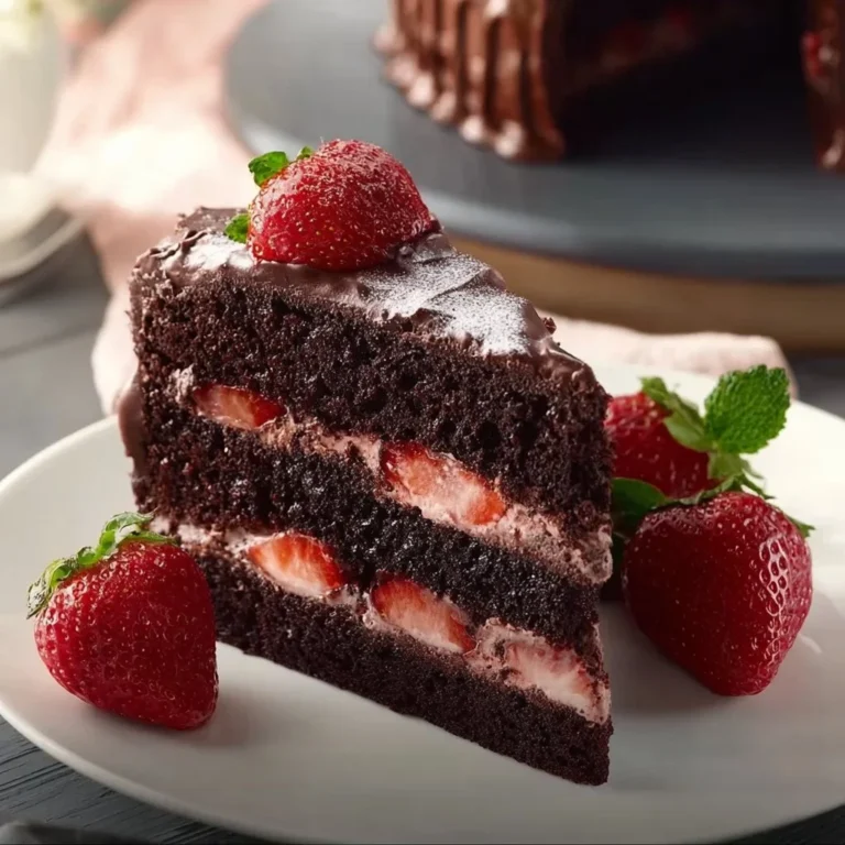 Delicious Strawberry Chocolate Cake with fresh strawberries and chocolate frosting