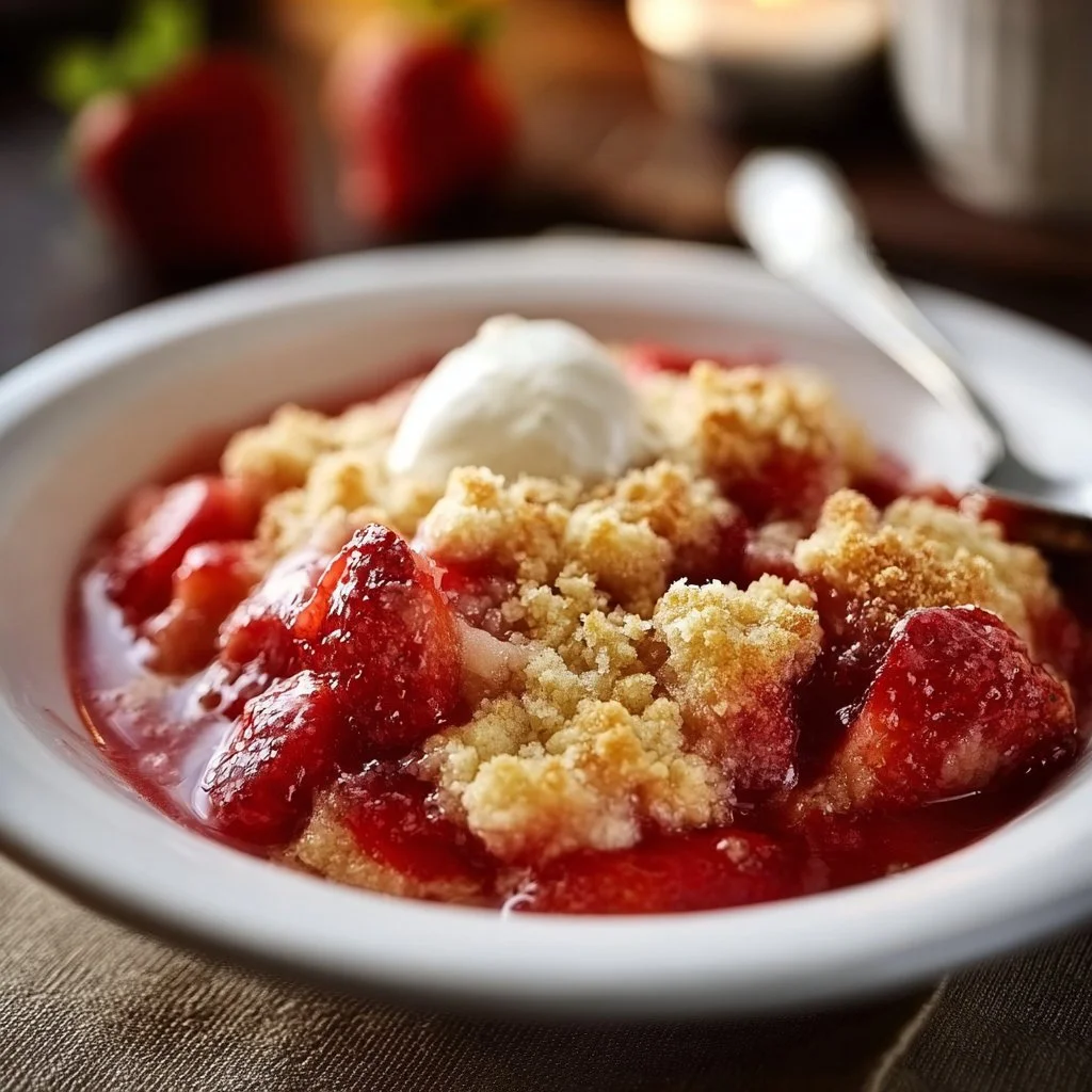 Freshly baked strawberry cobbler topped with golden crust
