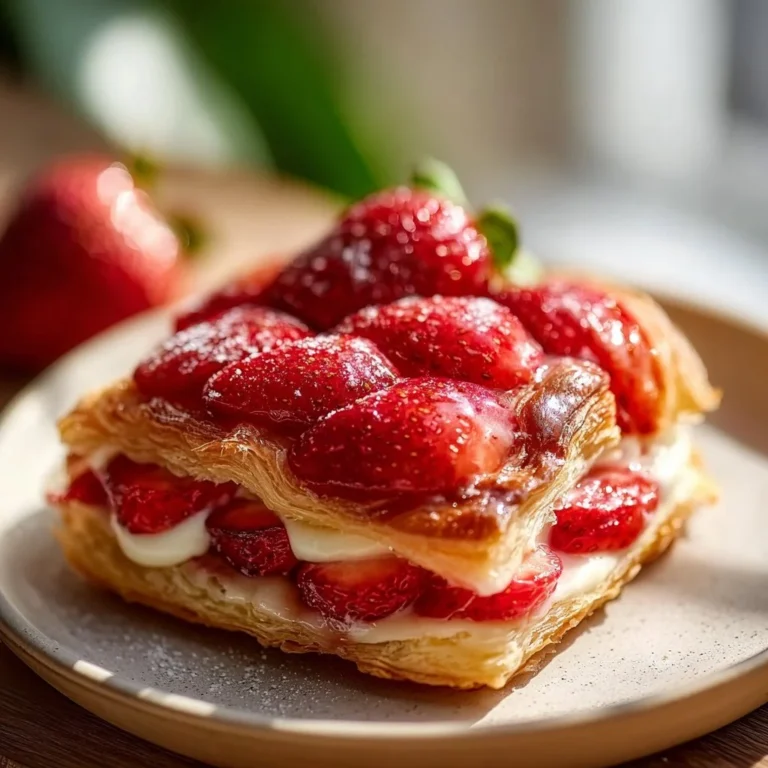 Freshly baked Strawberry Danish pastry with sweet strawberry filling.