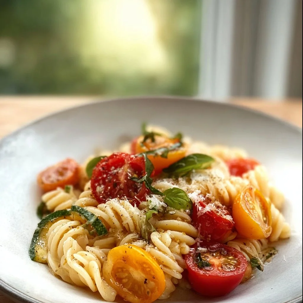 Delicious Summer Garden Pasta topped with fresh vegetables and herbs