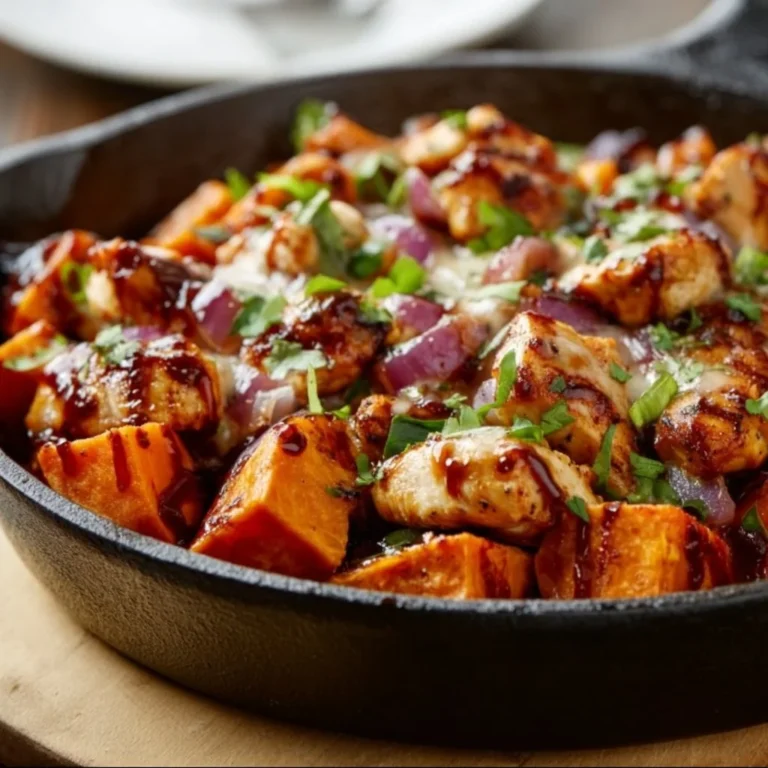 Sweet potato skillet with BBQ chicken and colorful vegetables