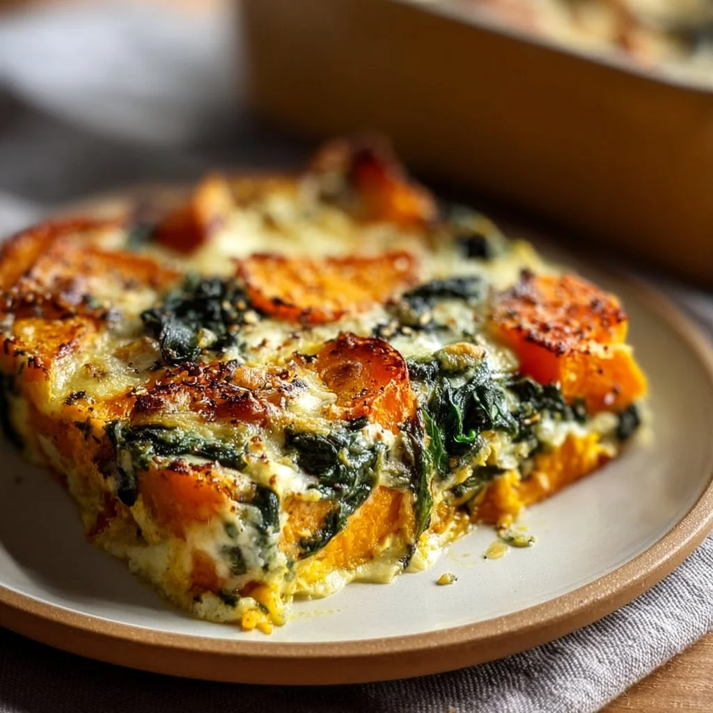 Healthy sweet potato and spinach bake fresh out of the oven
