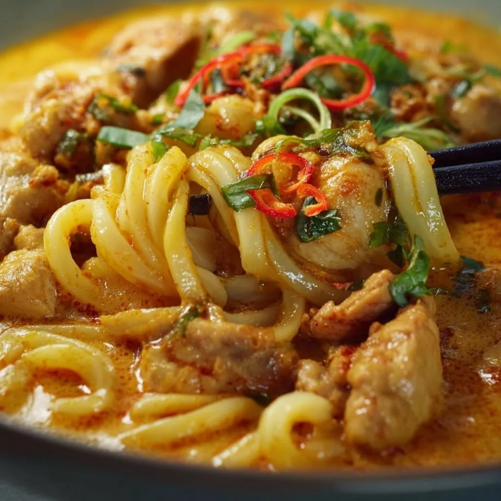 Bowl of Thai coconut red curry chicken udon with fresh herbs and spices