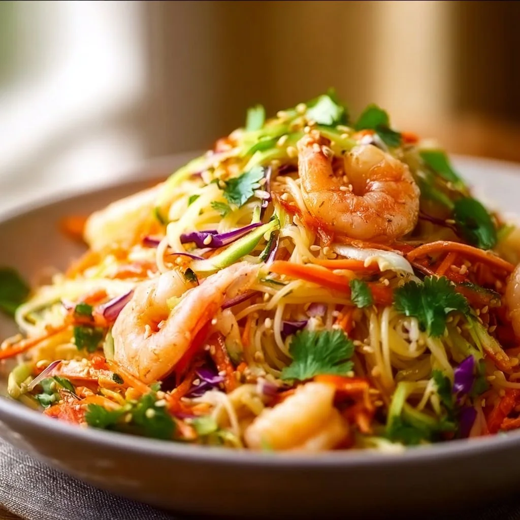 Colorful Thai shrimp noodle salad with fresh vegetables and herbs