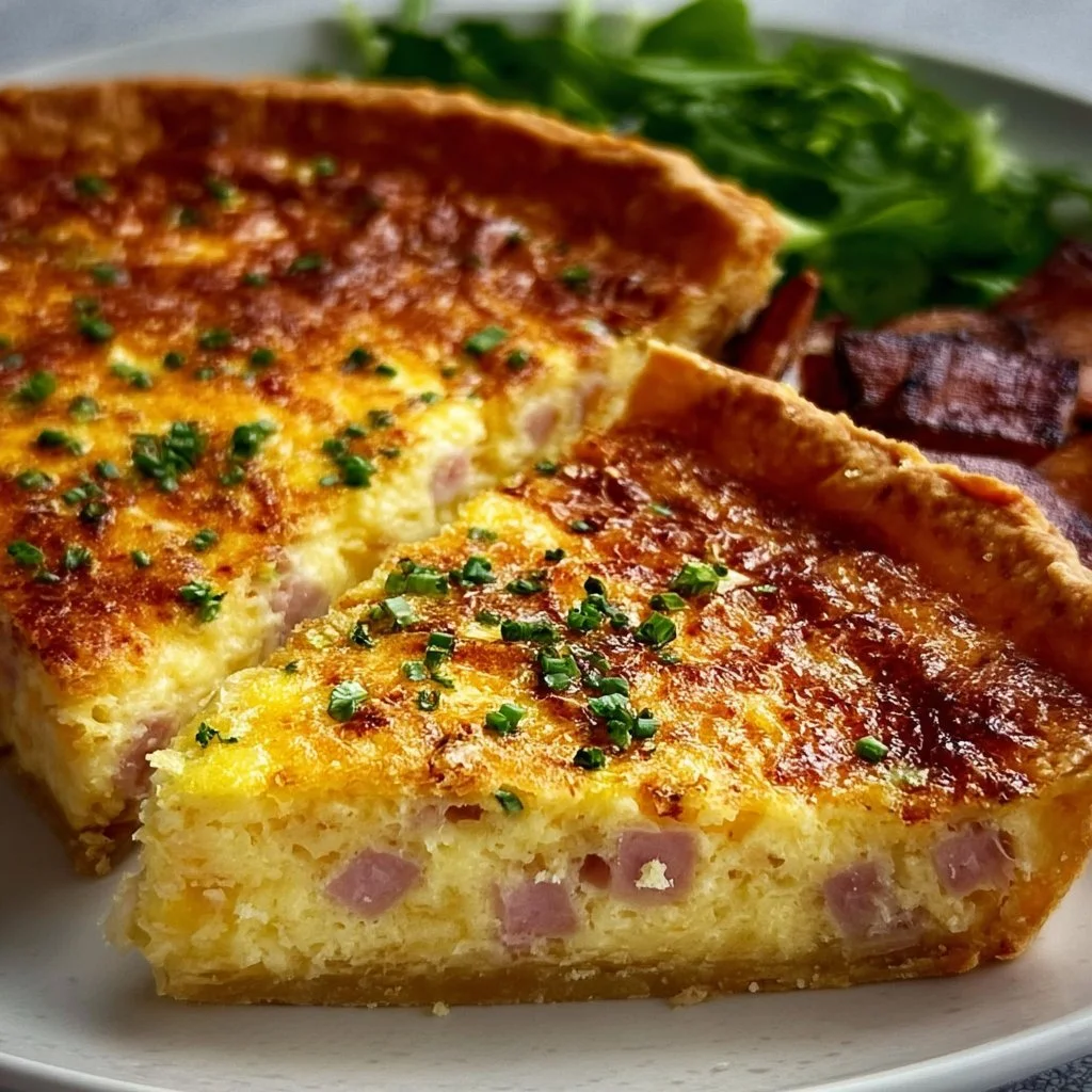 Delicious ham cheese quiche fresh out of the oven, garnished with herbs.