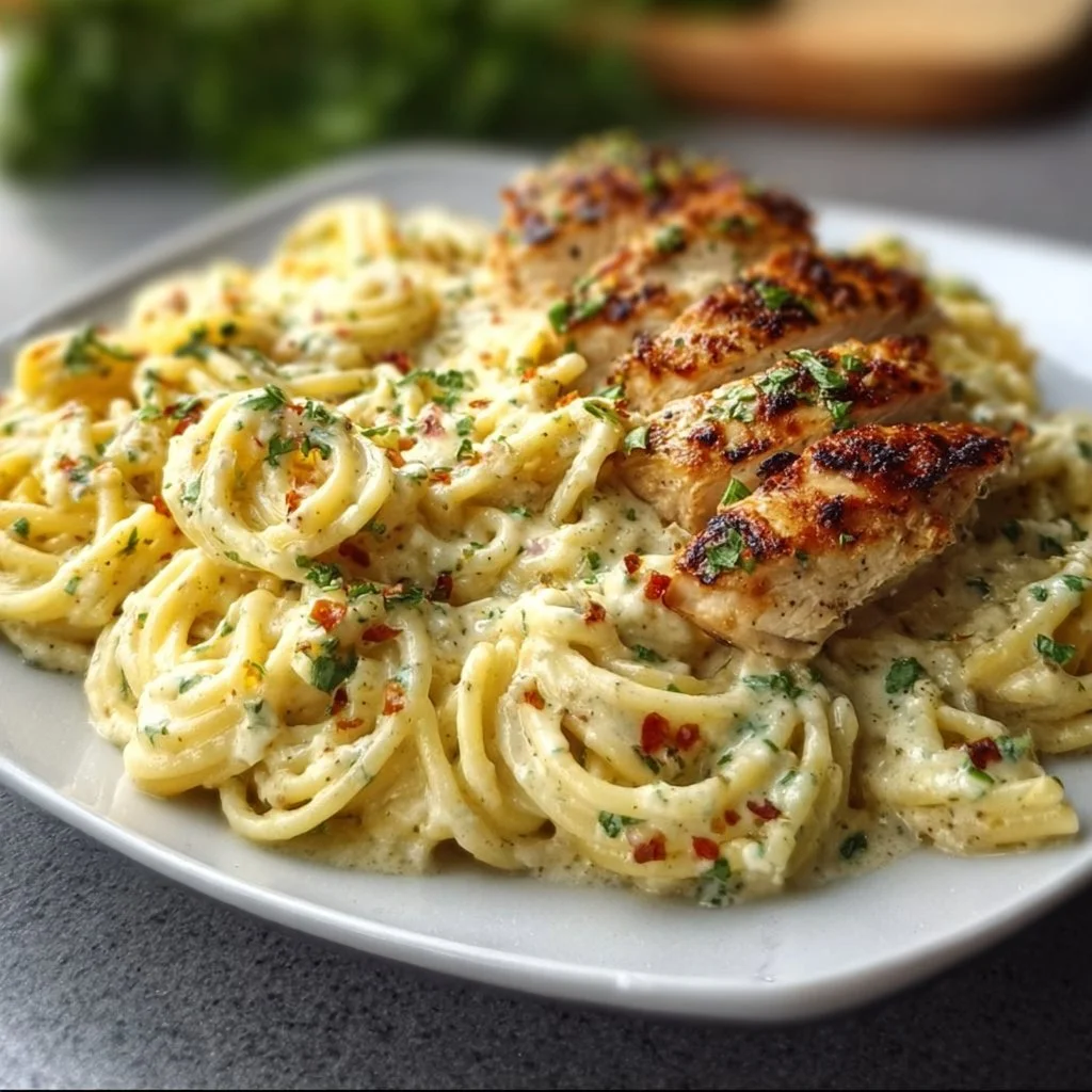 Creamy garlic parmesan chicken pasta garnished with parsley in a bowl