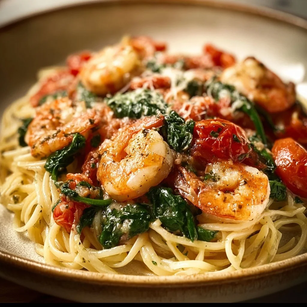 Tomato Spinach Shrimp Pasta dish garnished with fresh ingredients