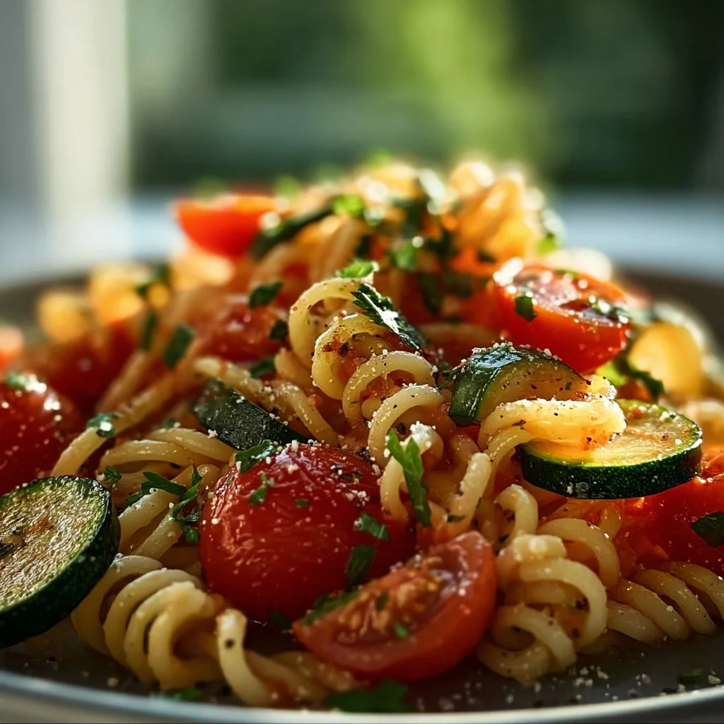 A bowl of delicious Tomato Zucchini Pasta with fresh ingredients and herbs.