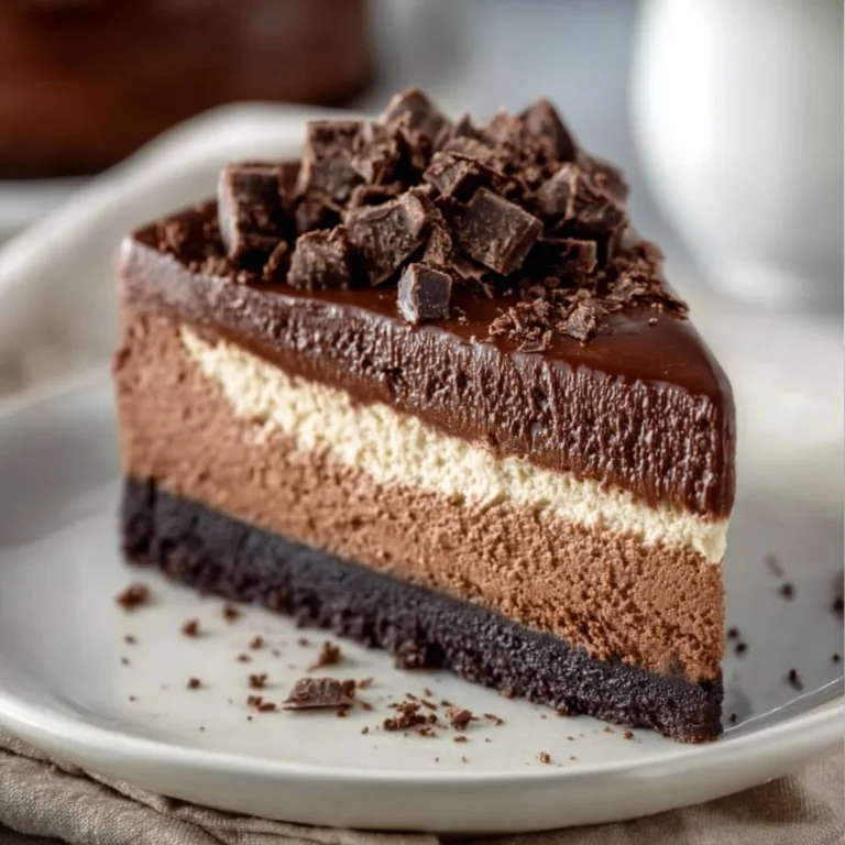Slice of rich Triple Chocolate Cheesecake with chocolate shavings on top