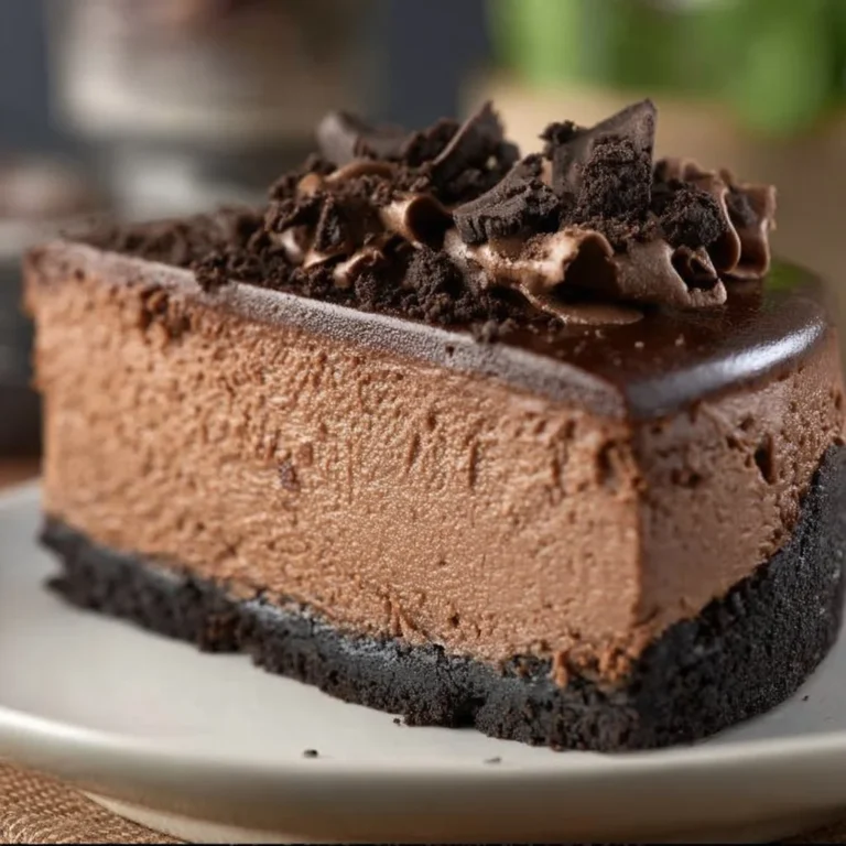 Triple chocolate cheesecake with Oreo crust topped with chocolate drizzle