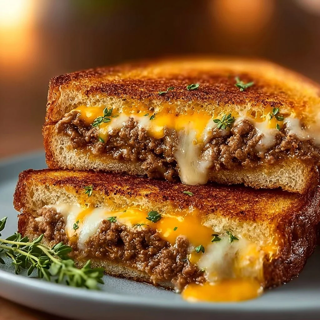 Delicious cheesy ground beef melt with melted cheese and toppings