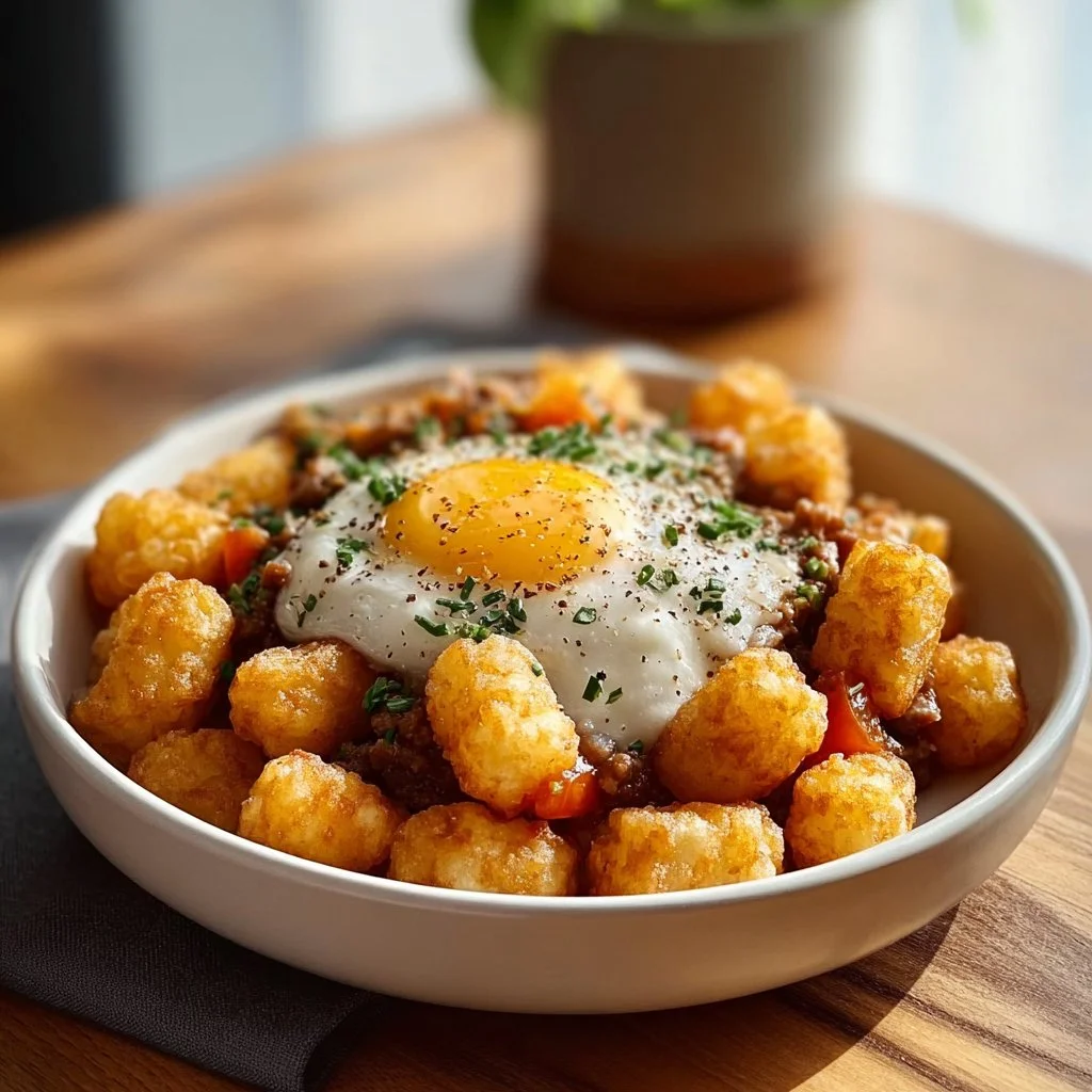 Ultimate Tater Tot Breakfast Bowl topped with eggs, cheese, and vegetables