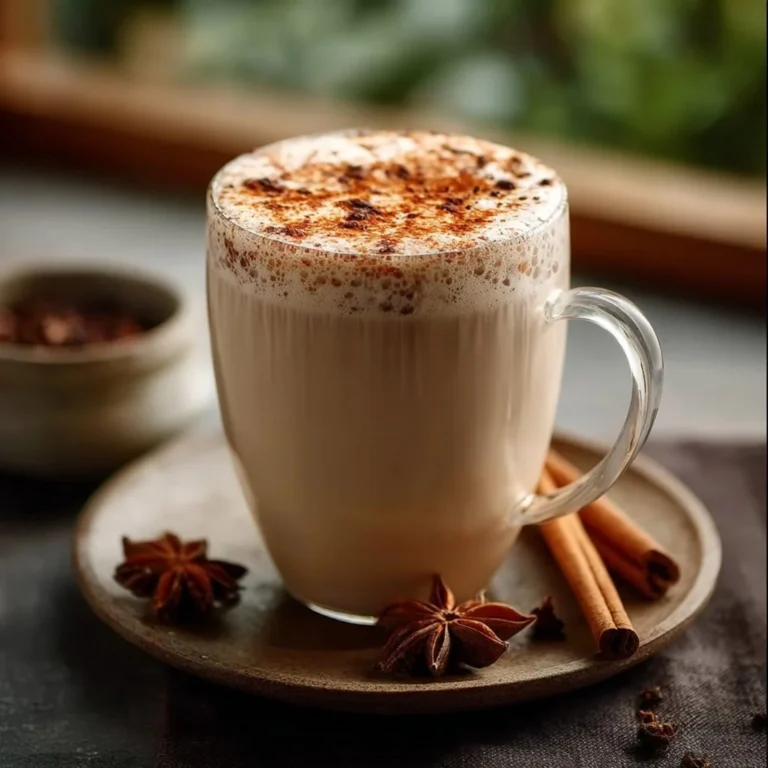 A warm cup of Vanilla Cinnamon Milk Tea garnished with cinnamon sticks and vanilla pods.