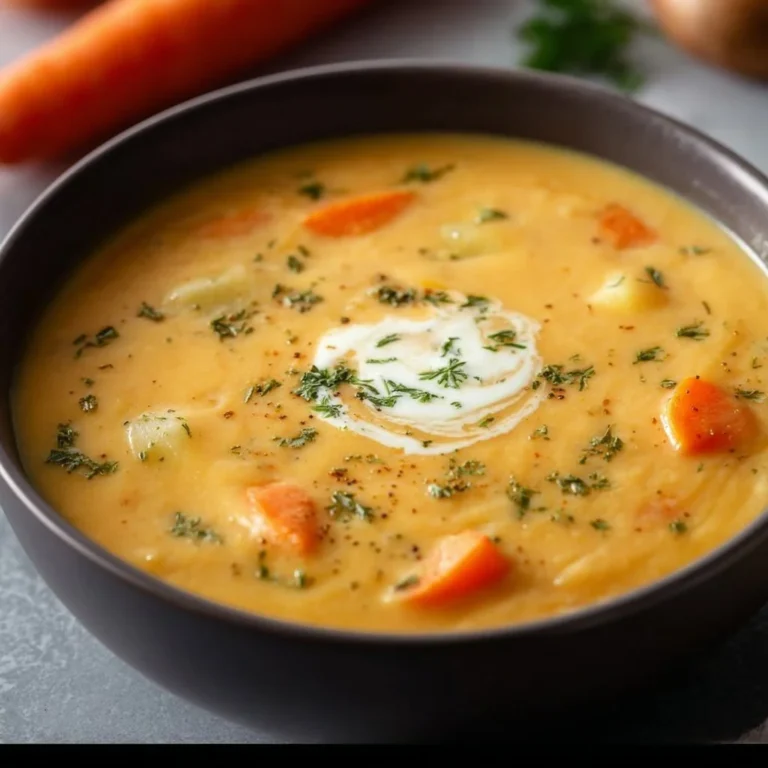 Bowl of vegan carrot potato soup garnished with fresh herbs