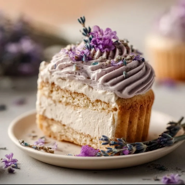 Vegan Lavender Buttercream frosting on a cake, showcasing a beautiful lavender color.