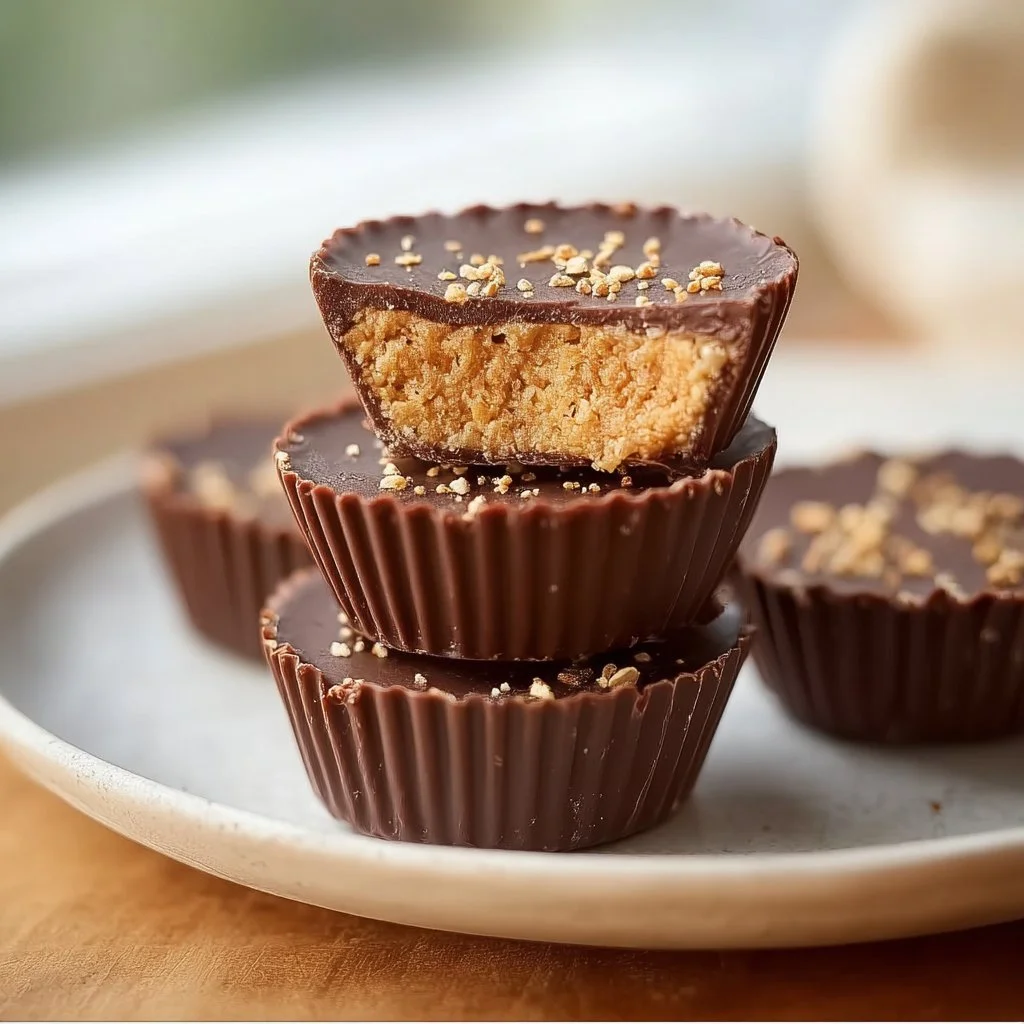 Vegan Quinoa Crunch Peanut Butter Cups on a wooden table