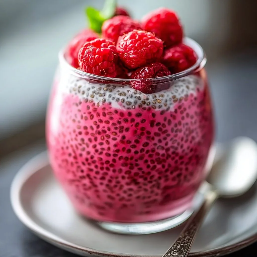 Vegan raspberry chia pudding topped with fresh raspberries and mint leaves.