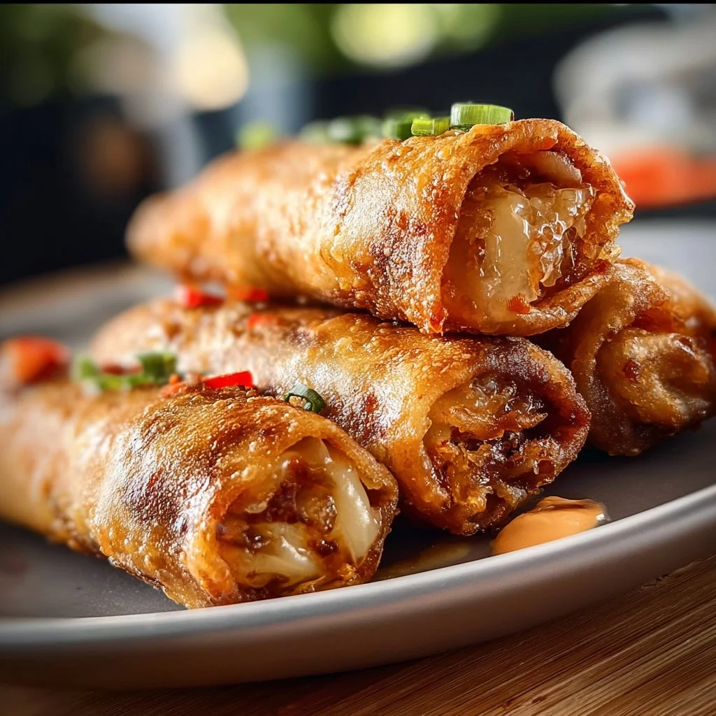 Plate of spicy Voodoo Egg Rolls served with dipping sauce