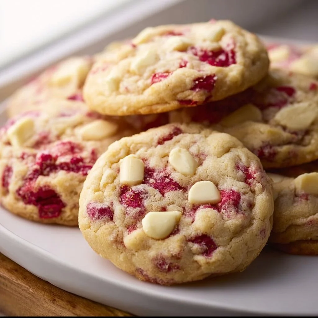 Freshly baked white chocolate raspberry cookies on a cooling rack